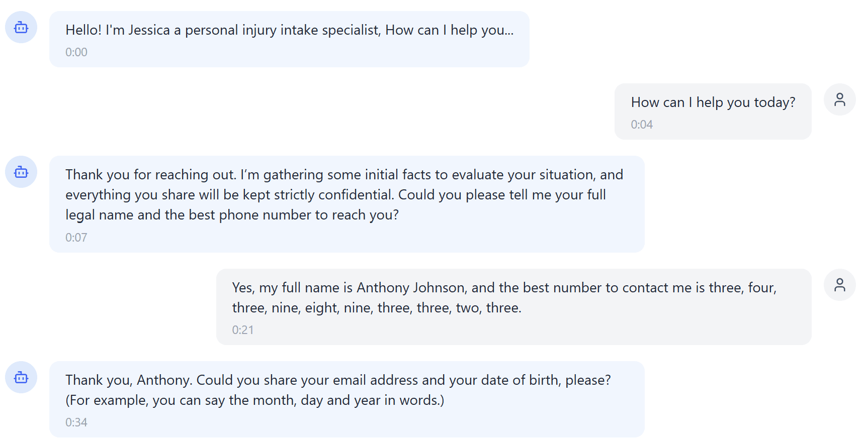 AI voice agent conversation transcript showing a personal injury intake specialist